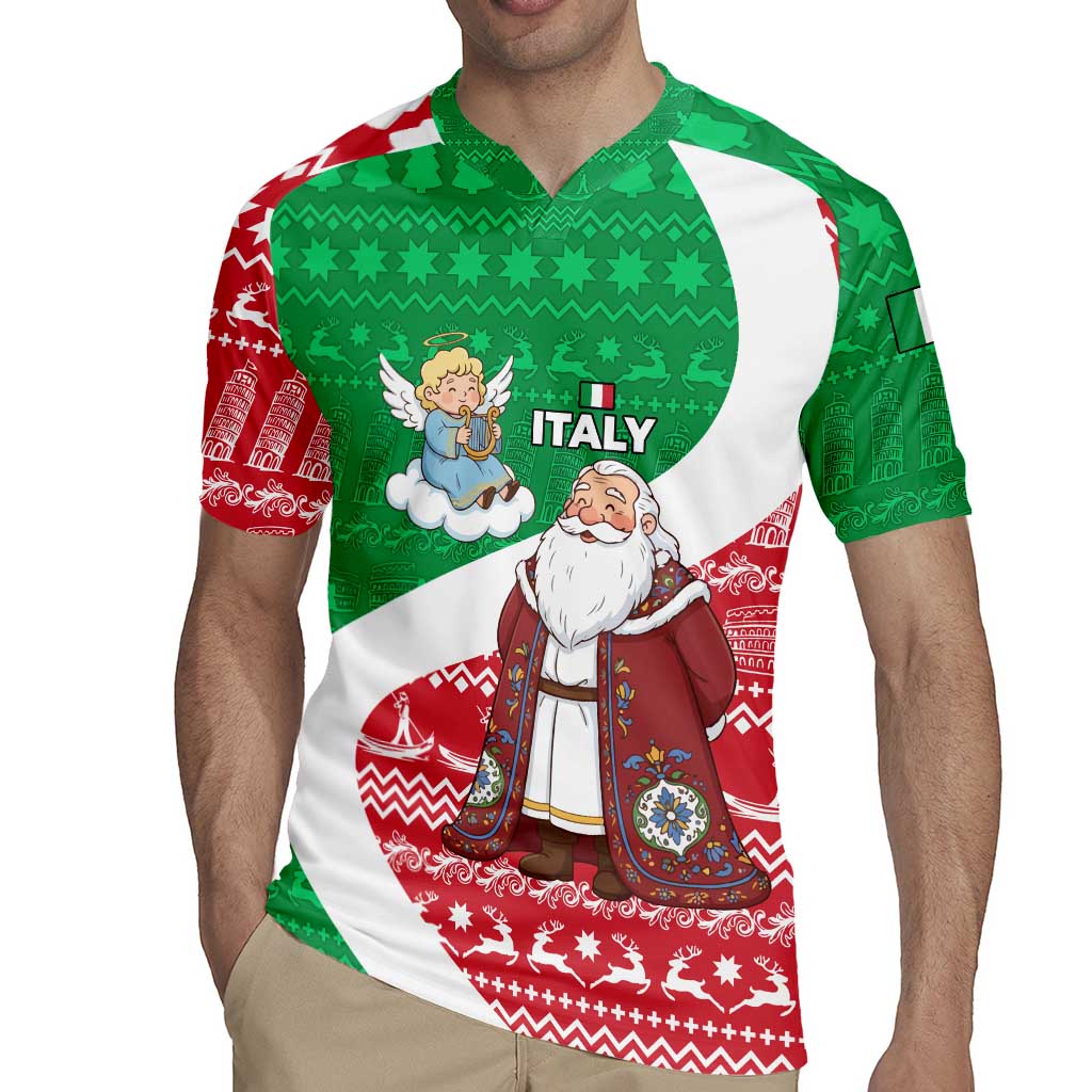 Italy Christmas Rugby Jersey with Pizza Chef Santa Leaning Tower Colosseum and Red Green Holiday Pattern Design - Wonder Print Shop