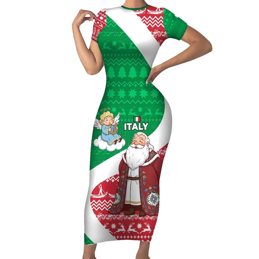 Italy Christmas Short Sleeve Bodycon Dress with Pizza Chef Santa Leaning Tower Colosseum and Red Green Holiday Pattern Design - Wonder Print Shop