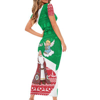 Italy Christmas Short Sleeve Bodycon Dress with Pizza Chef Santa Leaning Tower Colosseum and Red Green Holiday Pattern Design - Wonder Print Shop