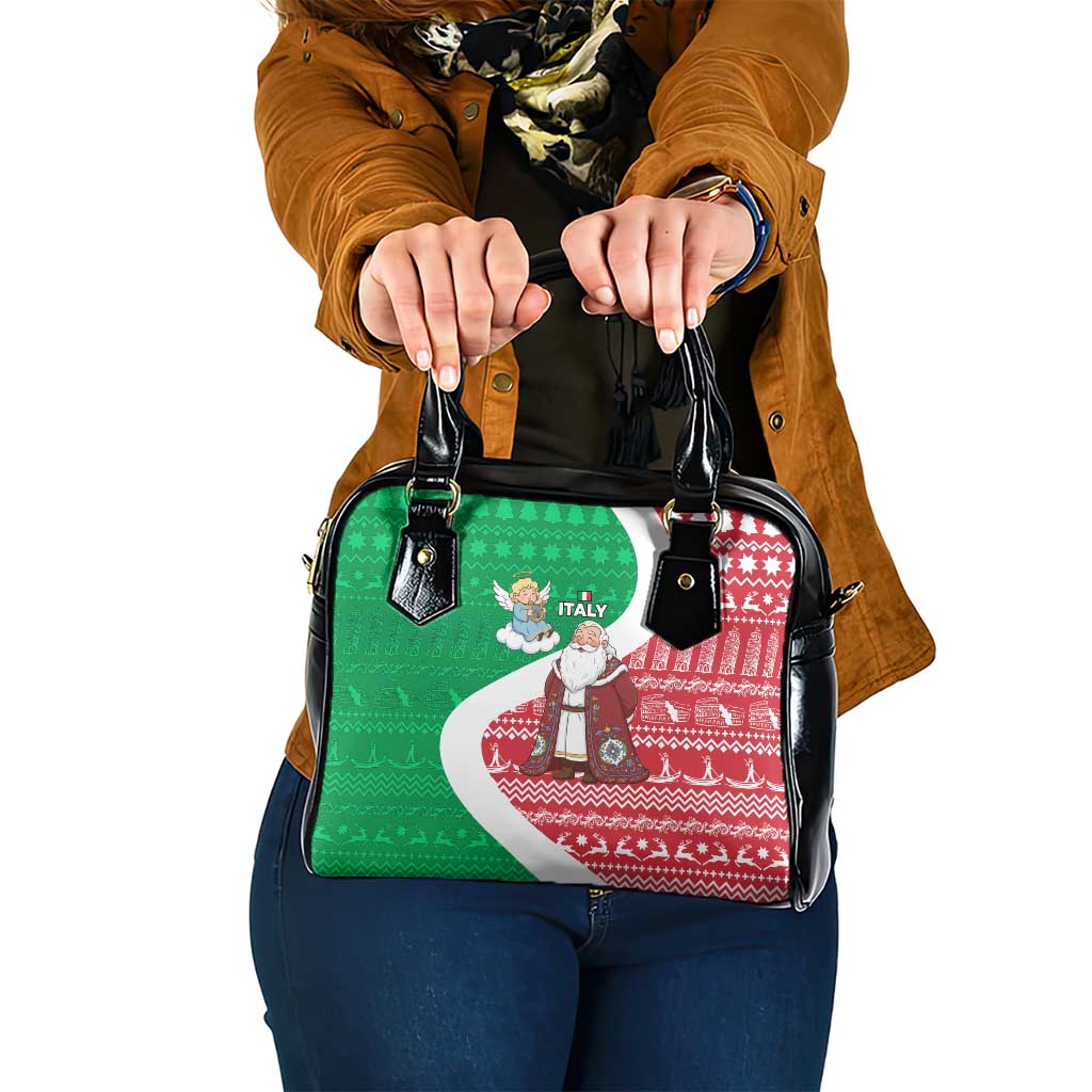 Italy Christmas Shoulder Handbag with Pizza Chef Santa Leaning Tower Colosseum and Red Green Holiday Pattern Design - Wonder Print Shop