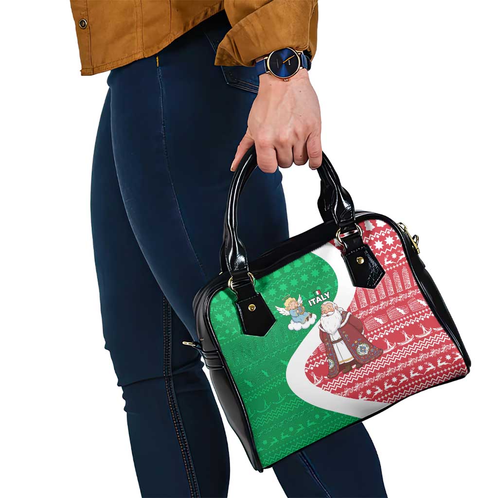 Italy Christmas Shoulder Handbag with Pizza Chef Santa Leaning Tower Colosseum and Red Green Holiday Pattern Design - Wonder Print Shop