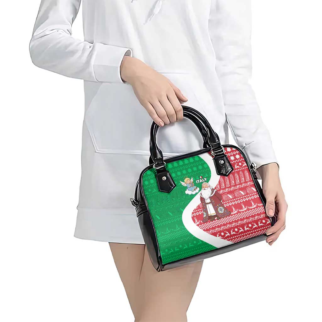 Italy Christmas Shoulder Handbag with Pizza Chef Santa Leaning Tower Colosseum and Red Green Holiday Pattern Design - Wonder Print Shop