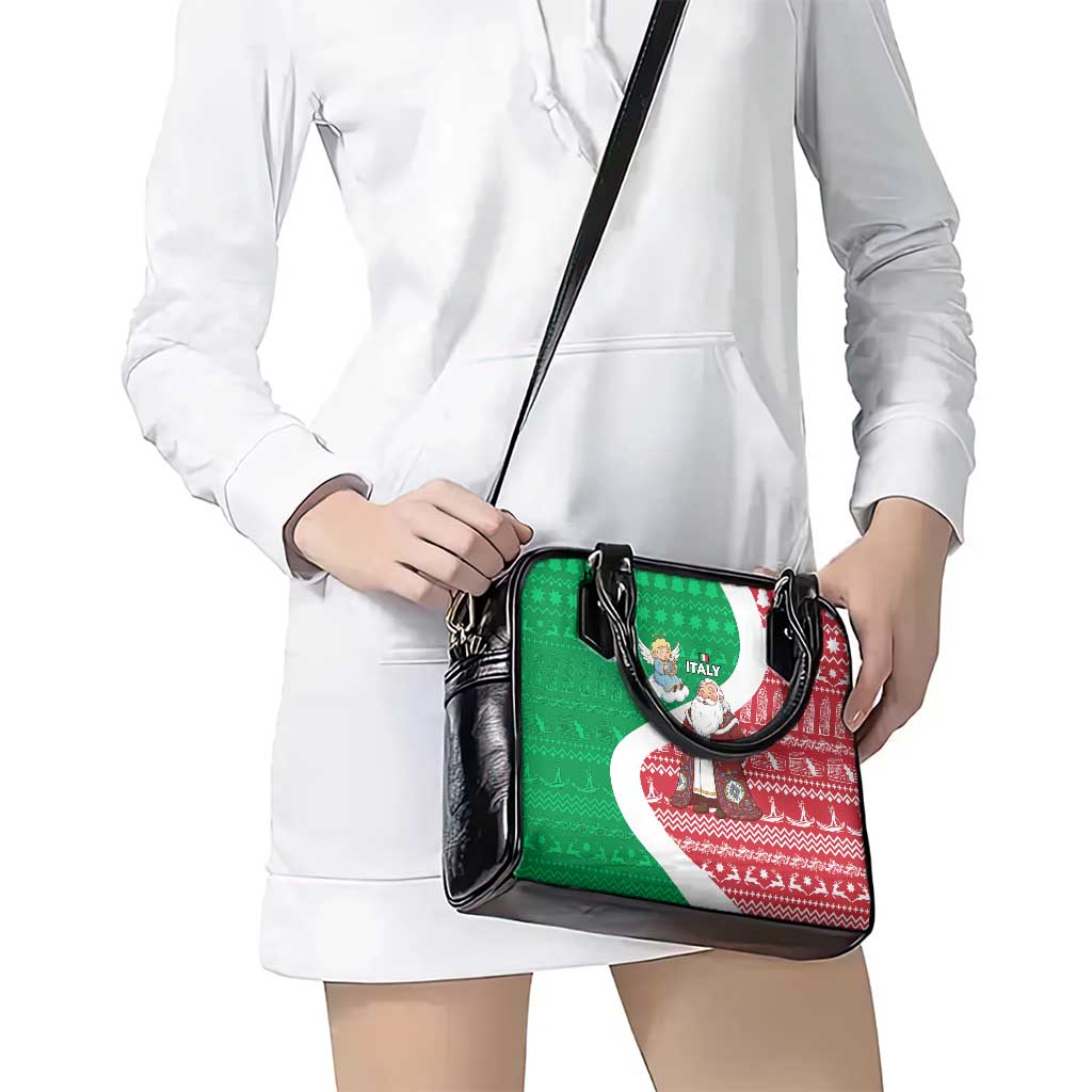 Italy Christmas Shoulder Handbag with Pizza Chef Santa Leaning Tower Colosseum and Red Green Holiday Pattern Design - Wonder Print Shop