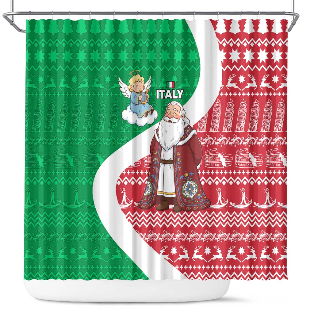 Italy Christmas Shower Curtain with Pizza Chef Santa Leaning Tower Colosseum and Red Green Holiday Pattern Design - Wonder Print Shop