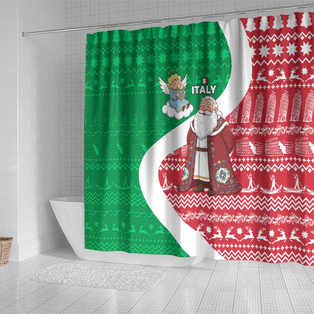Italy Christmas Shower Curtain with Pizza Chef Santa Leaning Tower Colosseum and Red Green Holiday Pattern Design - Wonder Print Shop