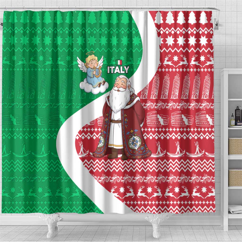 Italy Christmas Shower Curtain with Pizza Chef Santa Leaning Tower Colosseum and Red Green Holiday Pattern Design - Wonder Print Shop