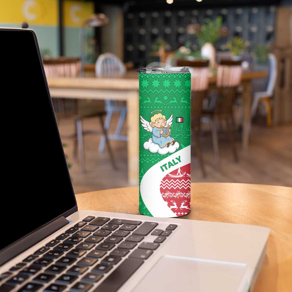 Italy Christmas Skinny Tumbler with Pizza Chef Santa Leaning Tower Colosseum and Red Green Holiday Pattern Design - Wonder Print Shop