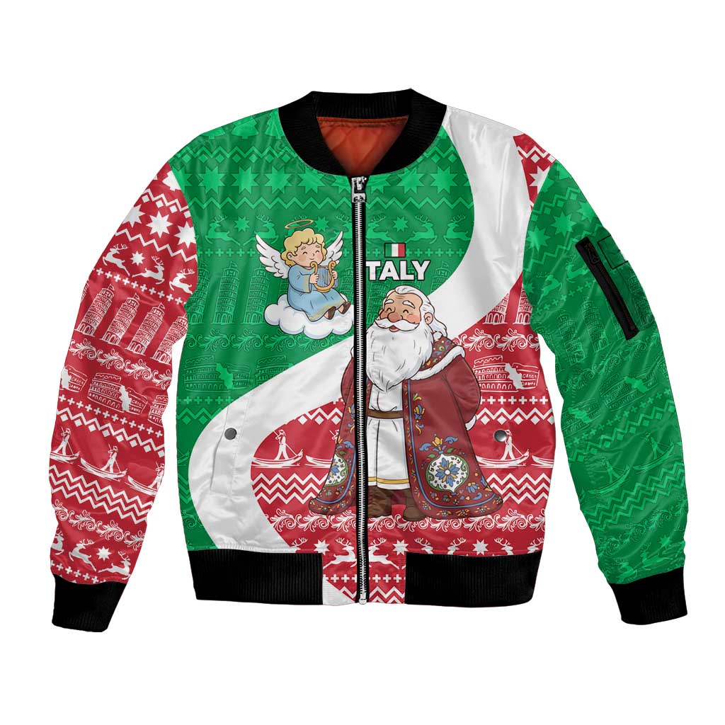 Italy Christmas Sleeve Zip Bomber Jacket with Pizza Chef Santa Leaning Tower Colosseum and Red Green Holiday Pattern Design - Wonder Print Shop