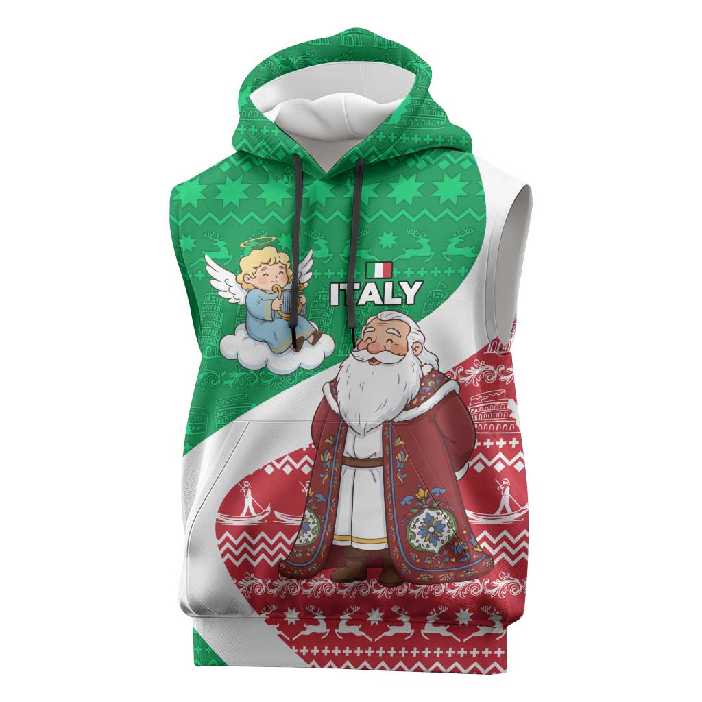 Italy Christmas Sleeveless Hoodie with Pizza Chef Santa Leaning Tower Colosseum and Red Green Holiday Pattern Design - Wonder Print Shop