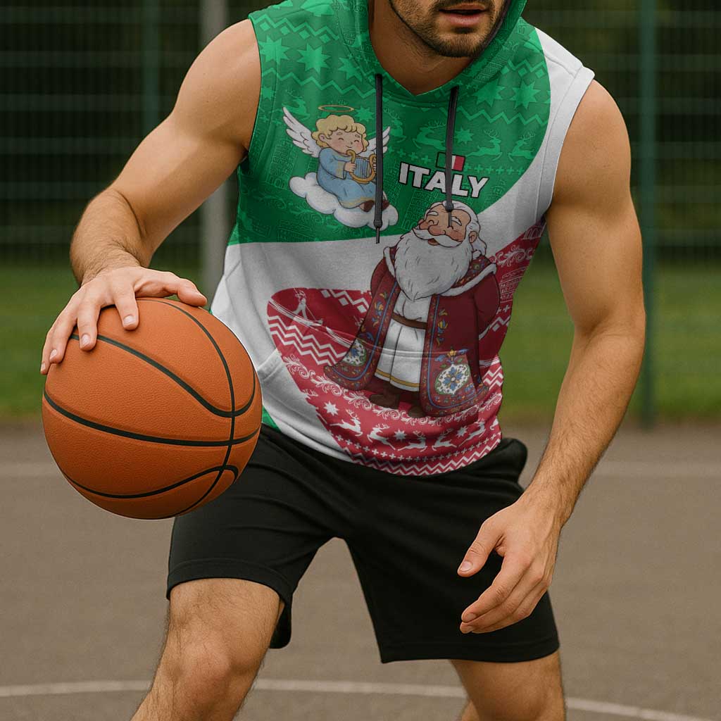 Italy Christmas Sleeveless Hoodie with Pizza Chef Santa Leaning Tower Colosseum and Red Green Holiday Pattern Design - Wonder Print Shop