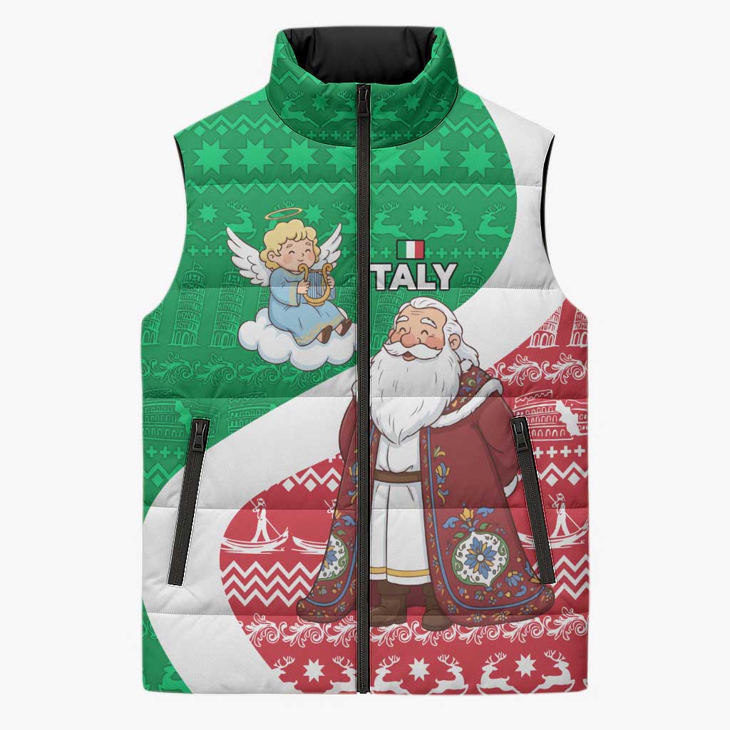 Italy Christmas Sleeveless Puffer Jacket with Pizza Chef Santa Leaning Tower Colosseum and Red Green Holiday Pattern Design - Wonder Print Shop