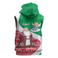 Italy Christmas Sleeveless Zip Hoodie with Pizza Chef Santa Leaning Tower Colosseum and Red Green Holiday Pattern Design - Wonder Print Shop