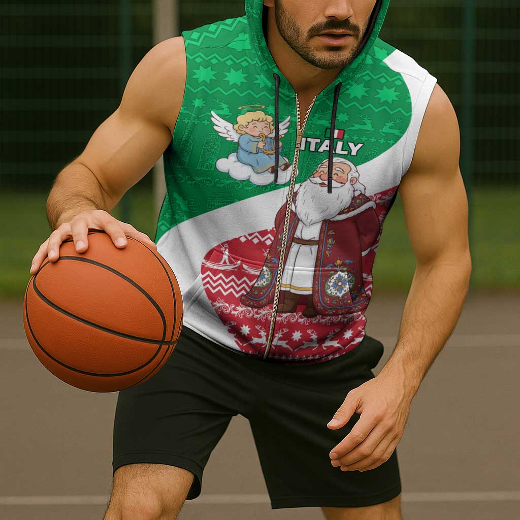 Italy Christmas Sleeveless Zip Hoodie with Pizza Chef Santa Leaning Tower Colosseum and Red Green Holiday Pattern Design - Wonder Print Shop