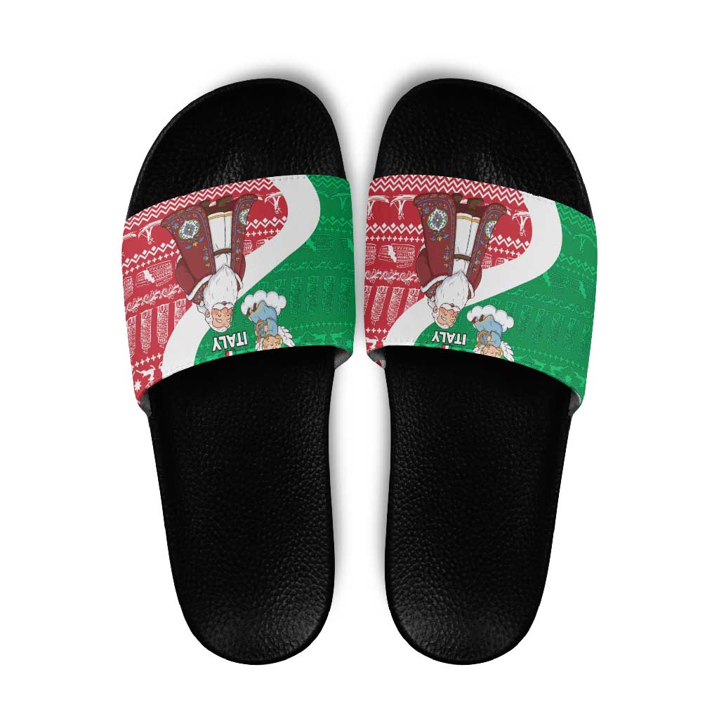 Italy Christmas Slide Sandals with Pizza Chef Santa Leaning Tower Colosseum and Red Green Holiday Pattern Design - Wonder Print Shop