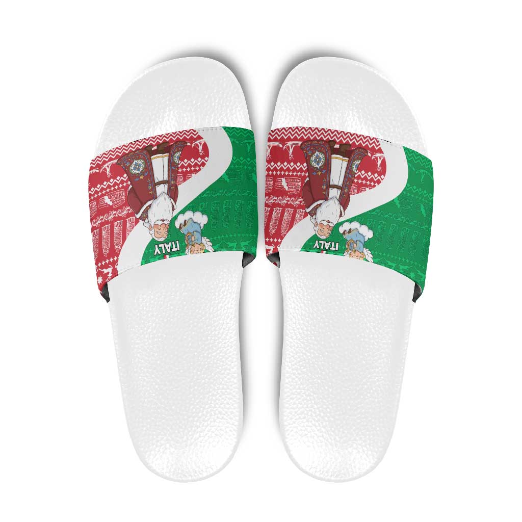 Italy Christmas Slide Sandals with Pizza Chef Santa Leaning Tower Colosseum and Red Green Holiday Pattern Design - Wonder Print Shop