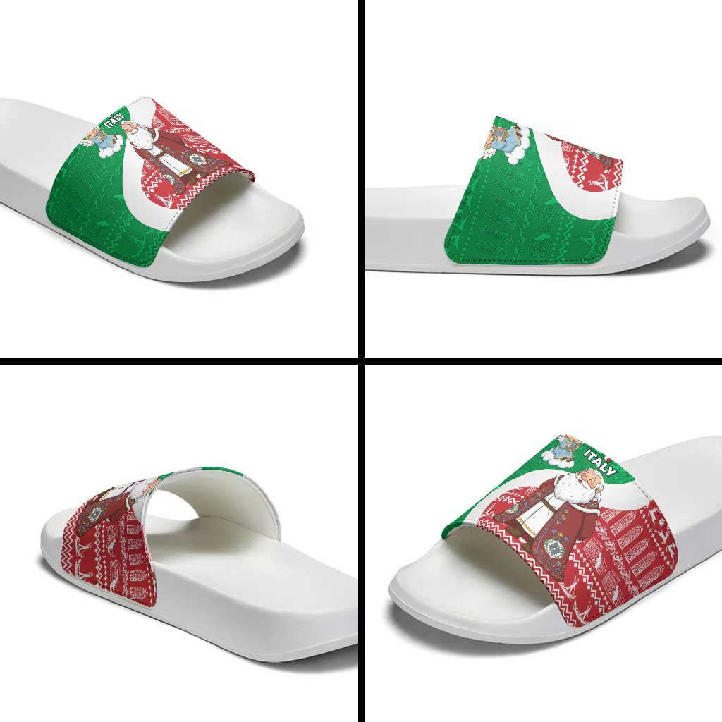 Italy Christmas Slide Sandals with Pizza Chef Santa Leaning Tower Colosseum and Red Green Holiday Pattern Design - Wonder Print Shop