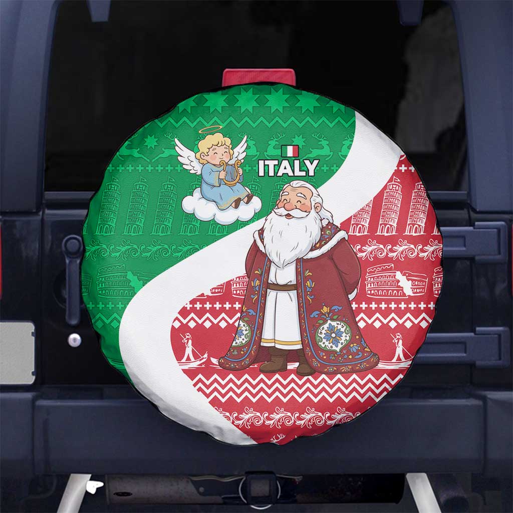 Italy Christmas Spare Tire Cover with Pizza Chef Santa Leaning Tower Colosseum and Red Green Holiday Pattern Design - Wonder Print Shop