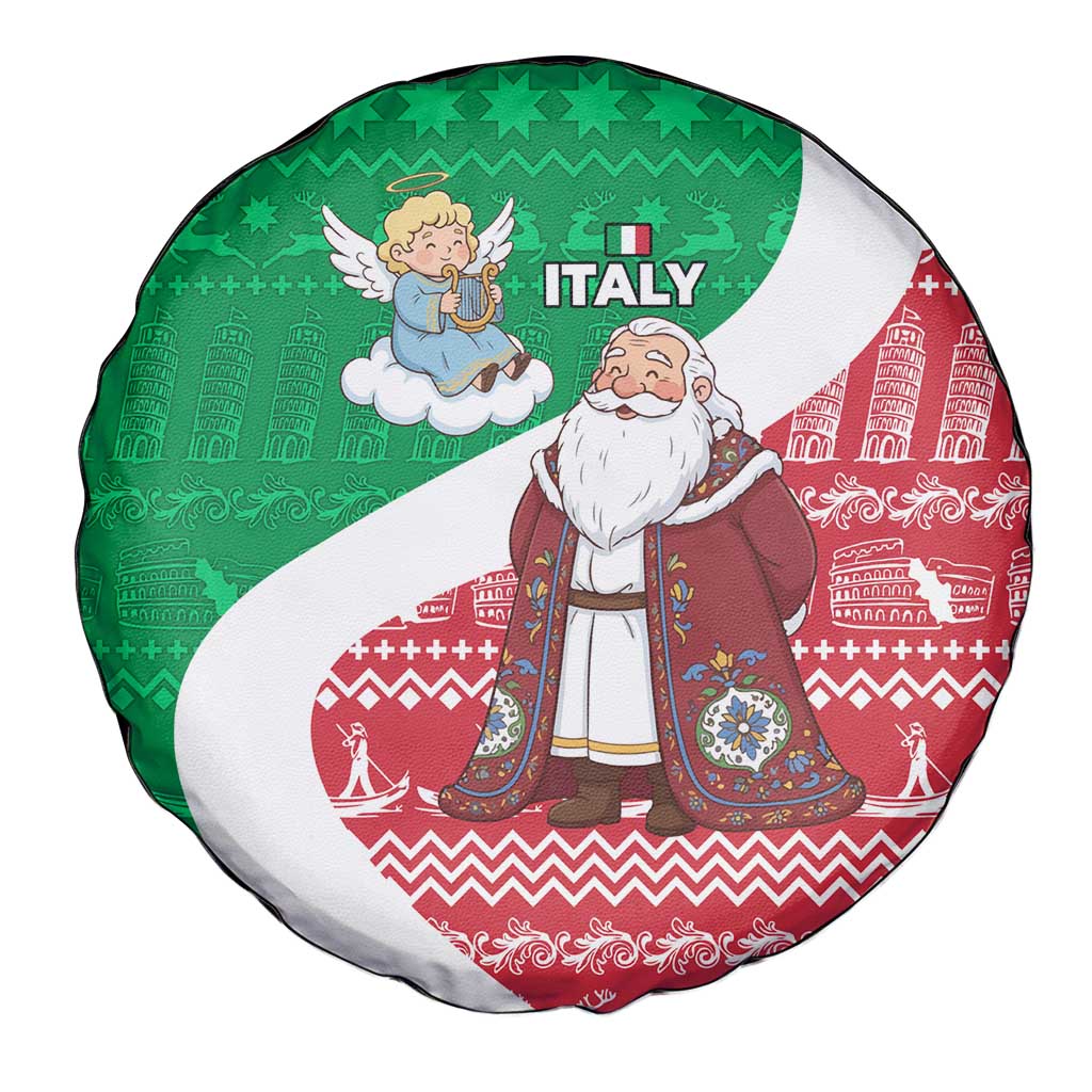 Italy Christmas Spare Tire Cover with Pizza Chef Santa Leaning Tower Colosseum and Red Green Holiday Pattern Design - Wonder Print Shop