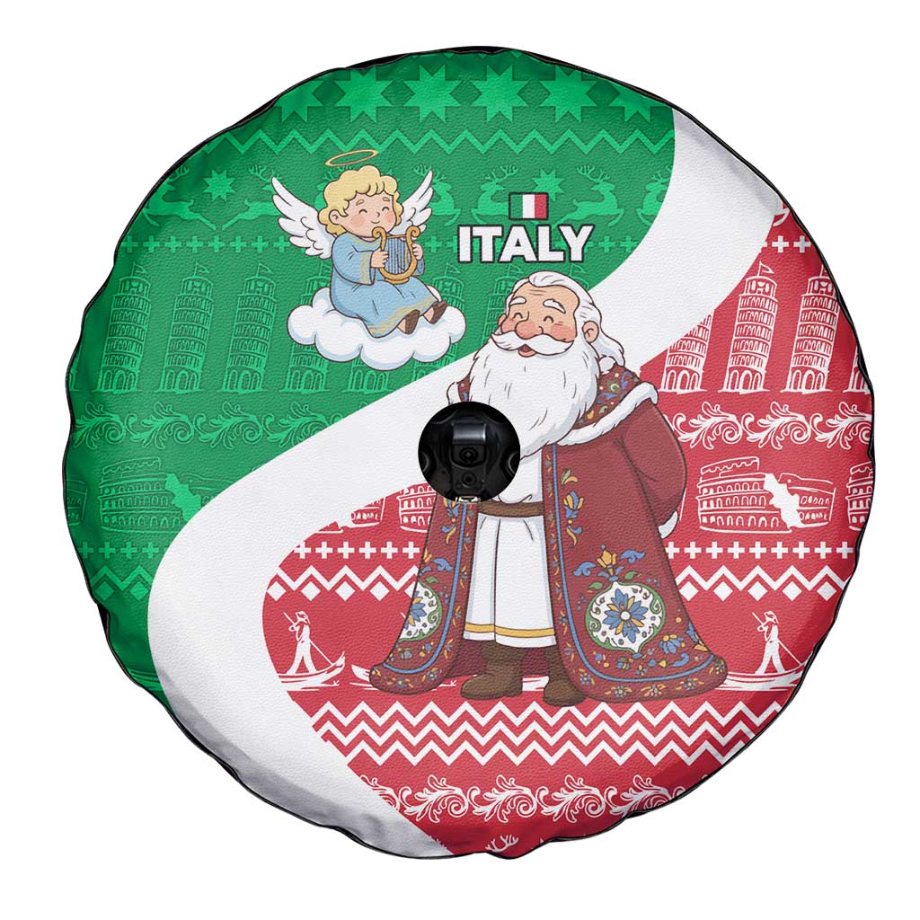 Italy Christmas Spare Tire Cover with Pizza Chef Santa Leaning Tower Colosseum and Red Green Holiday Pattern Design - Wonder Print Shop