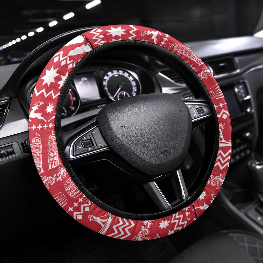 Italy Christmas Steering Wheel Cover with Pizza Chef Santa Leaning Tower Colosseum and Red Green Holiday Pattern Design - Wonder Print Shop