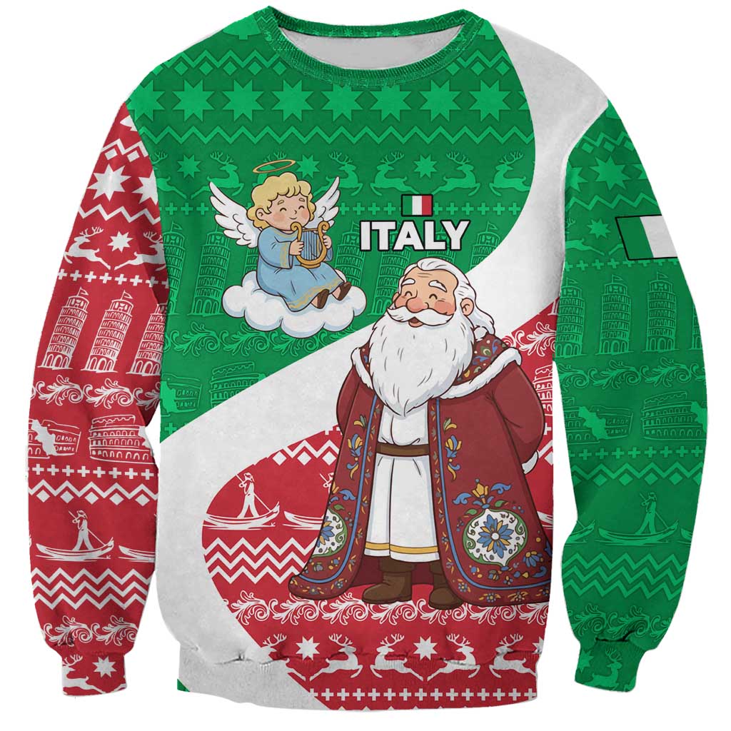 Italy Christmas Sweatshirt with Pizza Chef Santa Leaning Tower Colosseum and Red Green Holiday Pattern Design - Wonder Print Shop