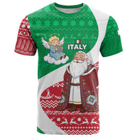 Italy Christmas T Shirt with Pizza Chef Santa Leaning Tower Colosseum and Red Green Holiday Pattern Design - Wonder Print Shop