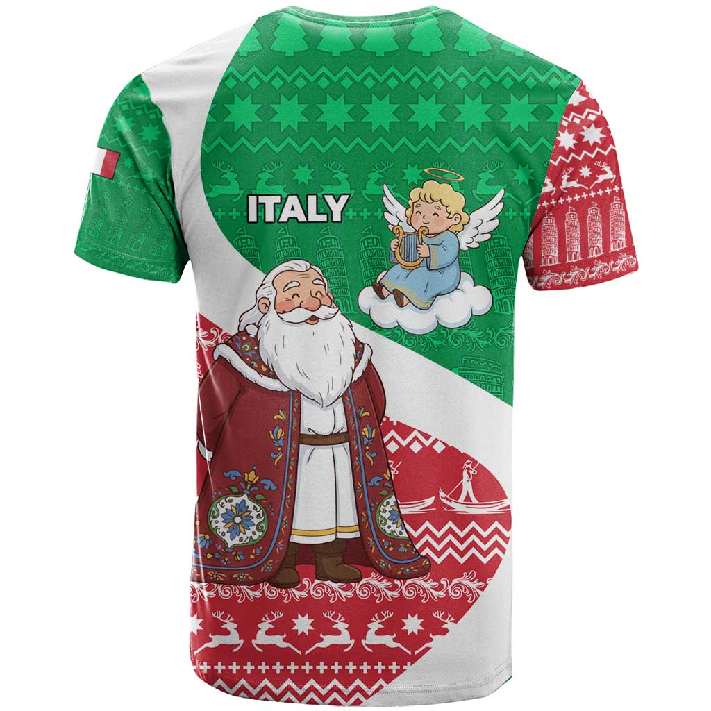 Italy Christmas T Shirt with Pizza Chef Santa Leaning Tower Colosseum and Red Green Holiday Pattern Design - Wonder Print Shop