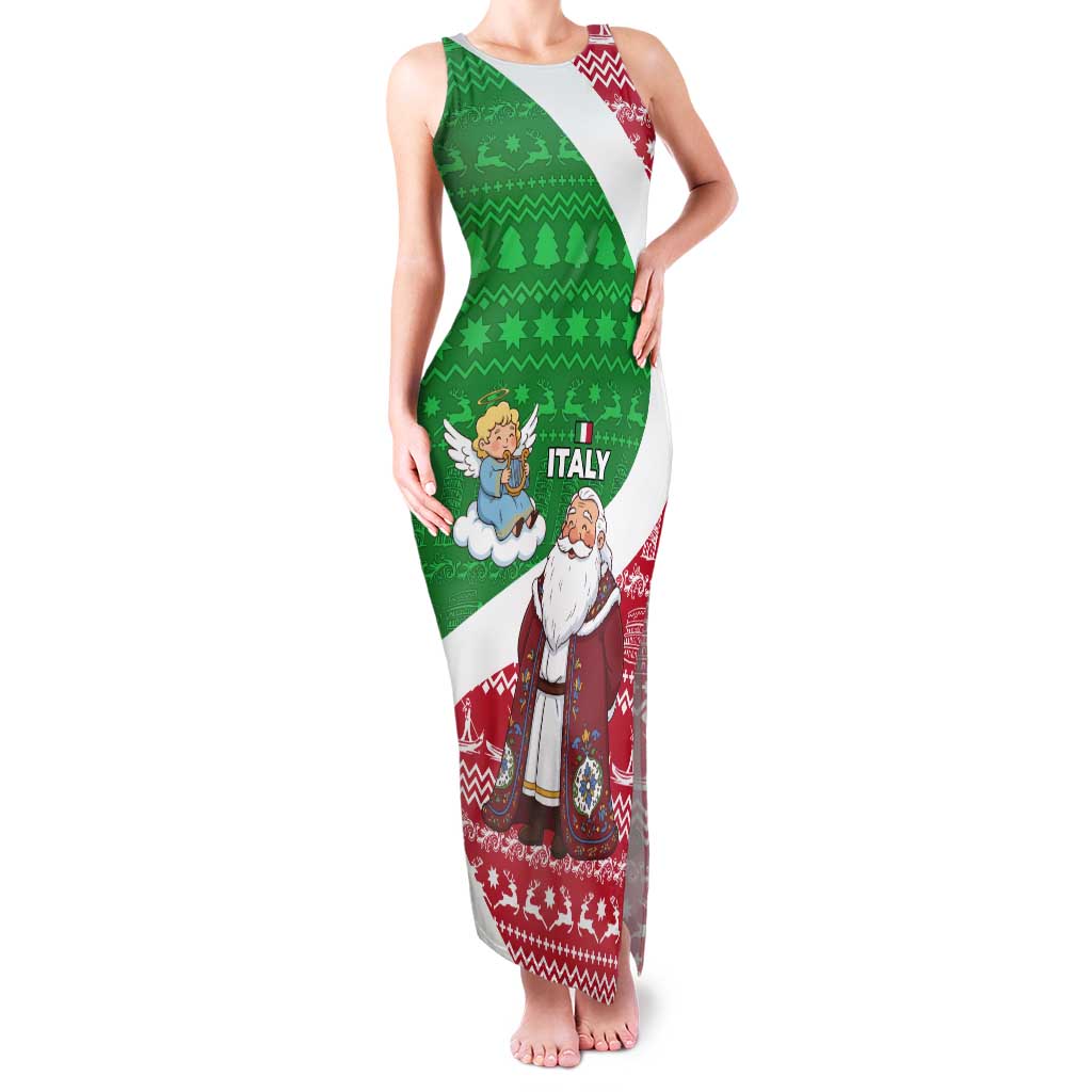 Italy Christmas Tank Maxi Dress with Pizza Chef Santa Leaning Tower Colosseum and Red Green Holiday Pattern Design - Wonder Print Shop
