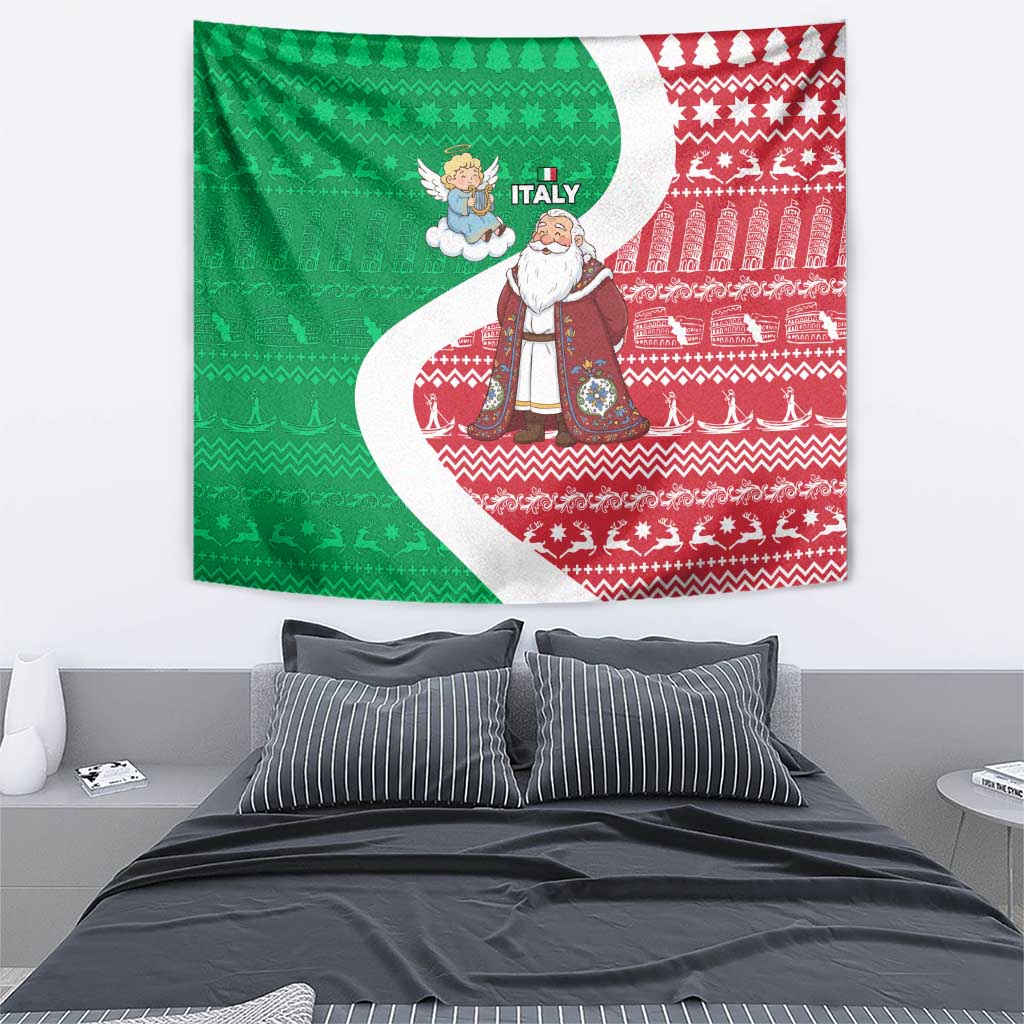 Italy Christmas Tapestry with Pizza Chef Santa Leaning Tower Colosseum and Red Green Holiday Pattern Design - Wonder Print Shop