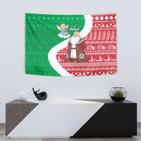 Italy Christmas Tapestry with Pizza Chef Santa Leaning Tower Colosseum and Red Green Holiday Pattern Design - Wonder Print Shop
