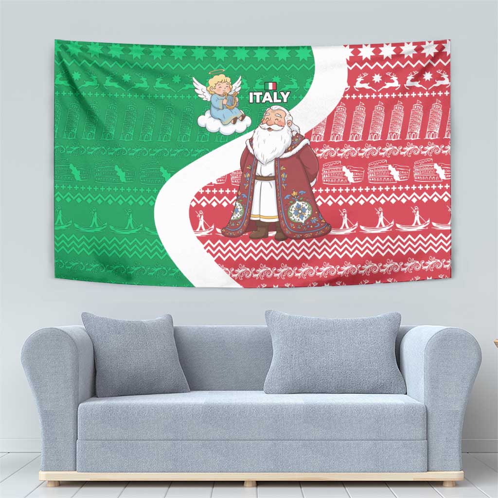 Italy Christmas Tapestry with Pizza Chef Santa Leaning Tower Colosseum and Red Green Holiday Pattern Design - Wonder Print Shop