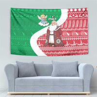 Italy Christmas Tapestry with Pizza Chef Santa Leaning Tower Colosseum and Red Green Holiday Pattern Design - Wonder Print Shop
