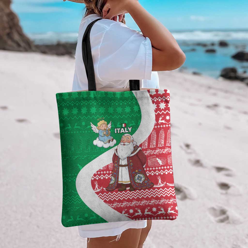 Italy Christmas Tote Bag with Pizza Chef Santa Leaning Tower Colosseum and Red Green Holiday Pattern Design - Wonder Print Shop