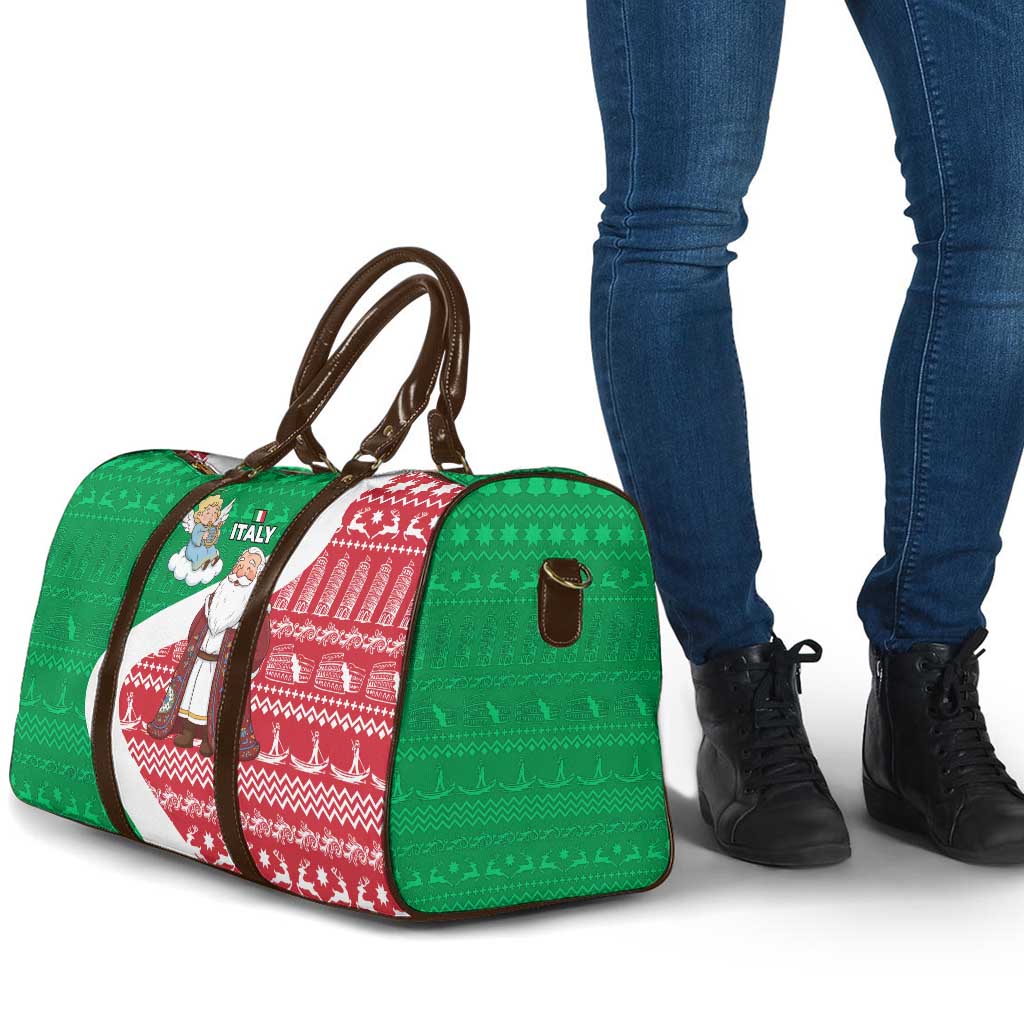 Italy Christmas Travel Bag with Pizza Chef Santa Leaning Tower Colosseum and Red Green Holiday Pattern Design - Wonder Print Shop