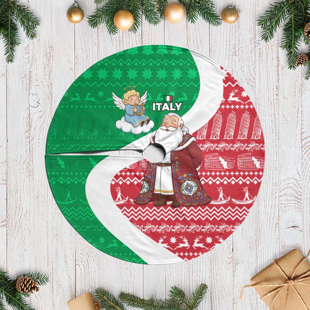 Italy Christmas Tree Skirt with Pizza Chef Santa Leaning Tower Colosseum and Red Green Holiday Pattern Design - Wonder Print Shop