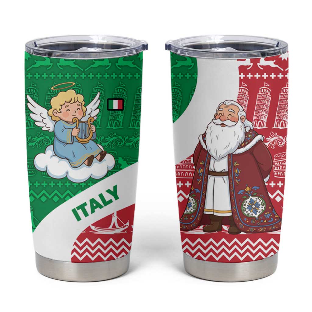 Italy Christmas Tumbler Cup with Pizza Chef Santa Leaning Tower Colosseum and Red Green Holiday Pattern Design - Wonder Print Shop