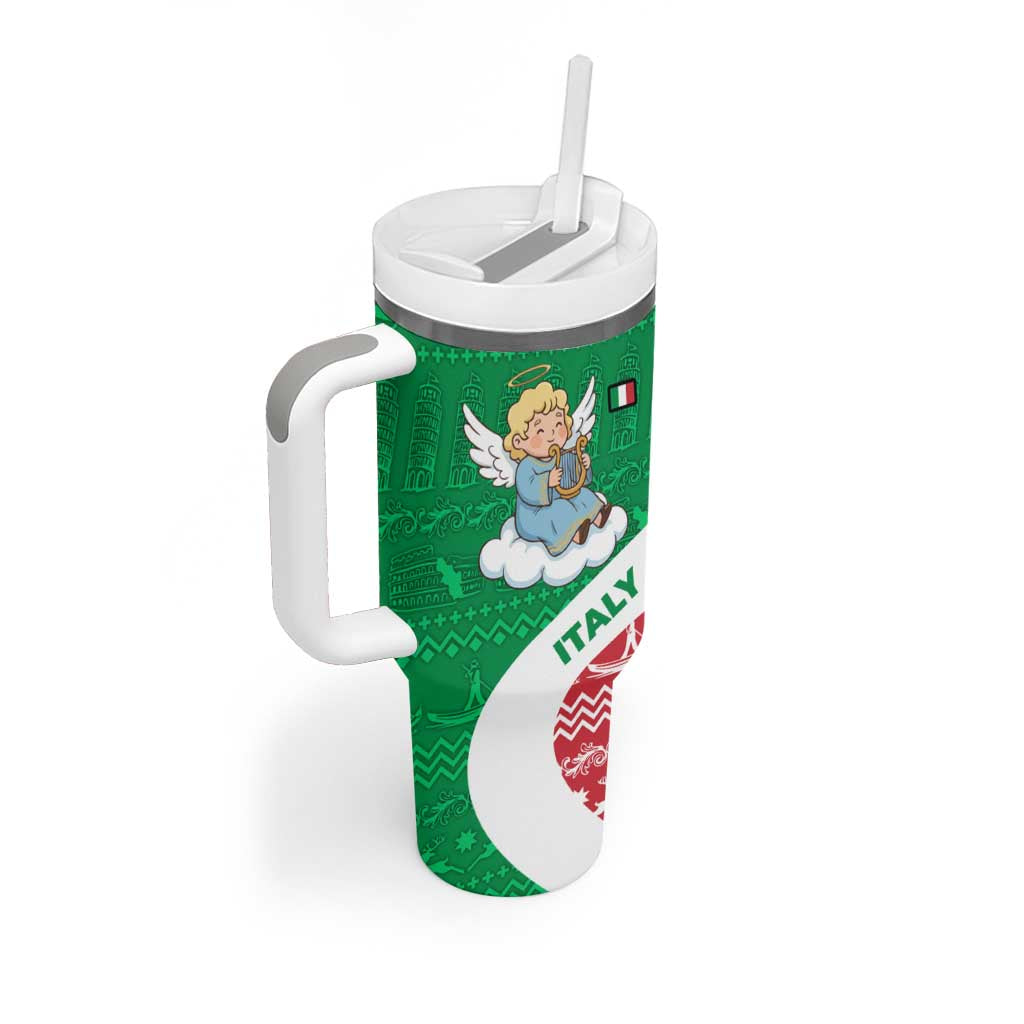 Italy Christmas Tumbler With Handle with Pizza Chef Santa Leaning Tower Colosseum and Red Green Holiday Pattern Design - Wonder Print Shop