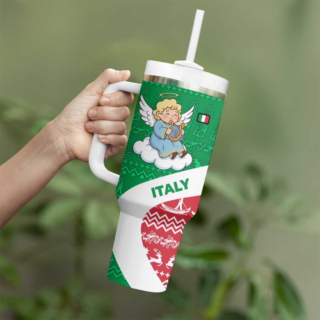 Italy Christmas Tumbler With Handle with Pizza Chef Santa Leaning Tower Colosseum and Red Green Holiday Pattern Design - Wonder Print Shop