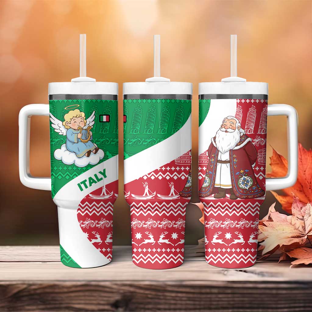 Italy Christmas Tumbler With Handle with Pizza Chef Santa Leaning Tower Colosseum and Red Green Holiday Pattern Design - Wonder Print Shop