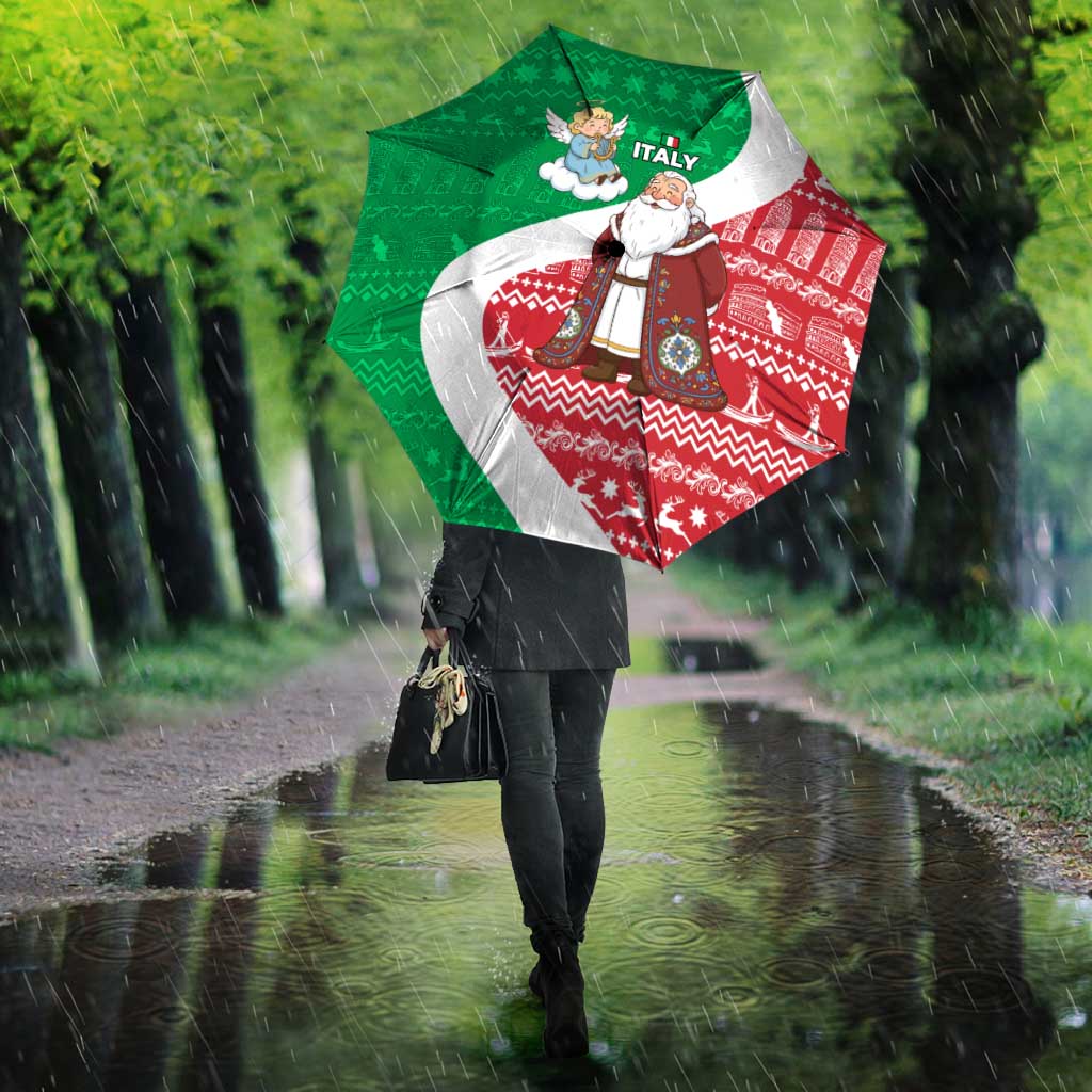Italy Christmas Umbrella with Pizza Chef Santa Leaning Tower Colosseum and Red Green Holiday Pattern Design - Wonder Print Shop