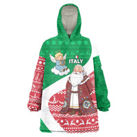 Italy Christmas Wearable Blanket Hoodie with Pizza Chef Santa Leaning Tower Colosseum and Red Green Holiday Pattern Design - Wonder Print Shop