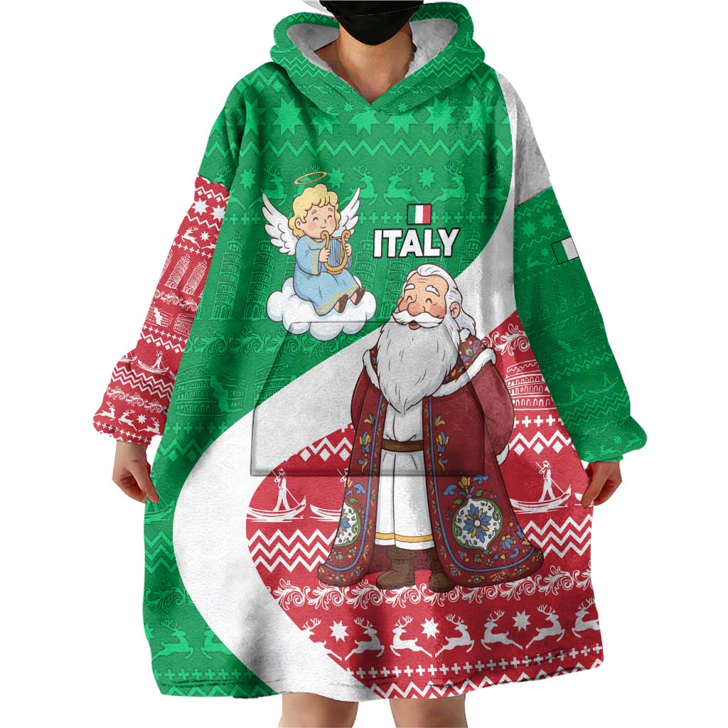 Italy Christmas Wearable Blanket Hoodie with Pizza Chef Santa Leaning Tower Colosseum and Red Green Holiday Pattern Design - Wonder Print Shop
