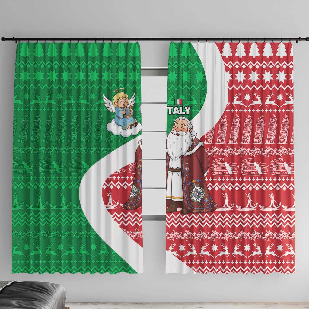 Italy Christmas Window Curtain with Pizza Chef Santa Leaning Tower Colosseum and Red Green Holiday Pattern Design - Wonder Print Shop