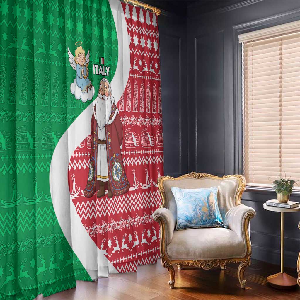 Italy Christmas Window Curtain with Pizza Chef Santa Leaning Tower Colosseum and Red Green Holiday Pattern Design - Wonder Print Shop