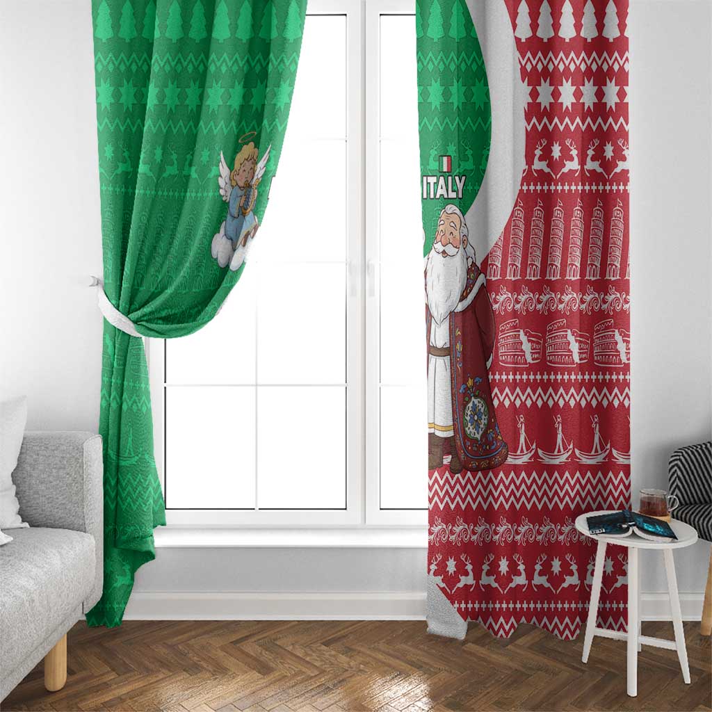 Italy Christmas Window Curtain with Pizza Chef Santa Leaning Tower Colosseum and Red Green Holiday Pattern Design - Wonder Print Shop