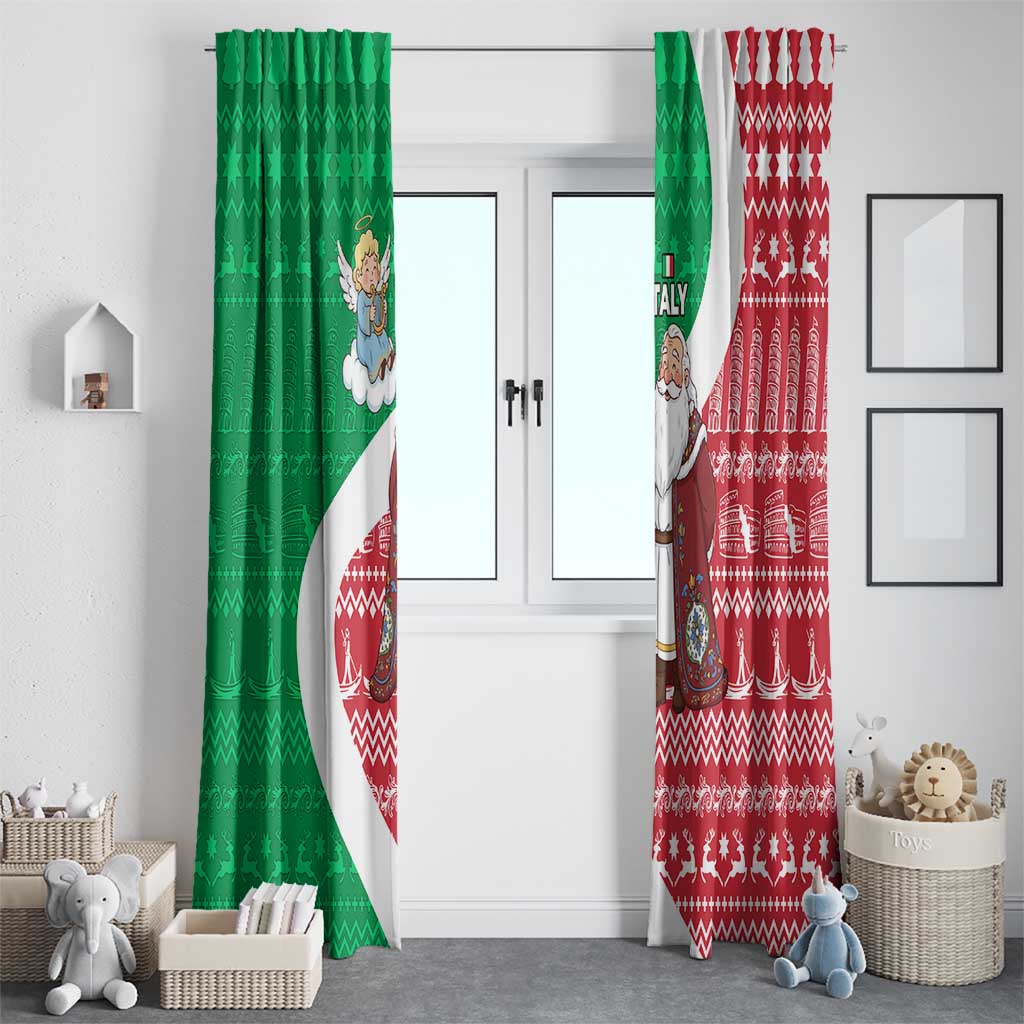 Italy Christmas Window Curtain with Pizza Chef Santa Leaning Tower Colosseum and Red Green Holiday Pattern Design - Wonder Print Shop