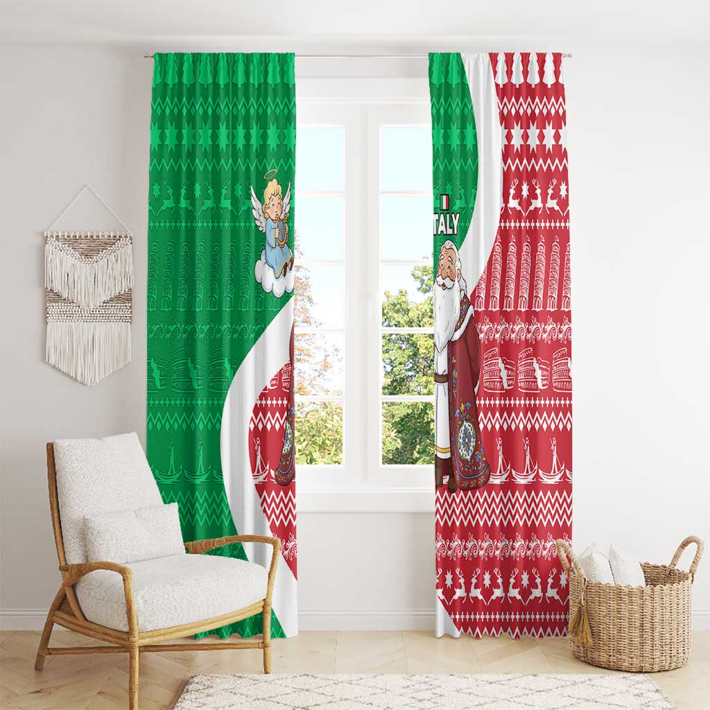 Italy Christmas Window Curtain with Pizza Chef Santa Leaning Tower Colosseum and Red Green Holiday Pattern Design - Wonder Print Shop