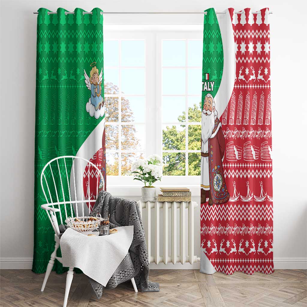 Italy Christmas Window Curtain with Pizza Chef Santa Leaning Tower Colosseum and Red Green Holiday Pattern Design - Wonder Print Shop