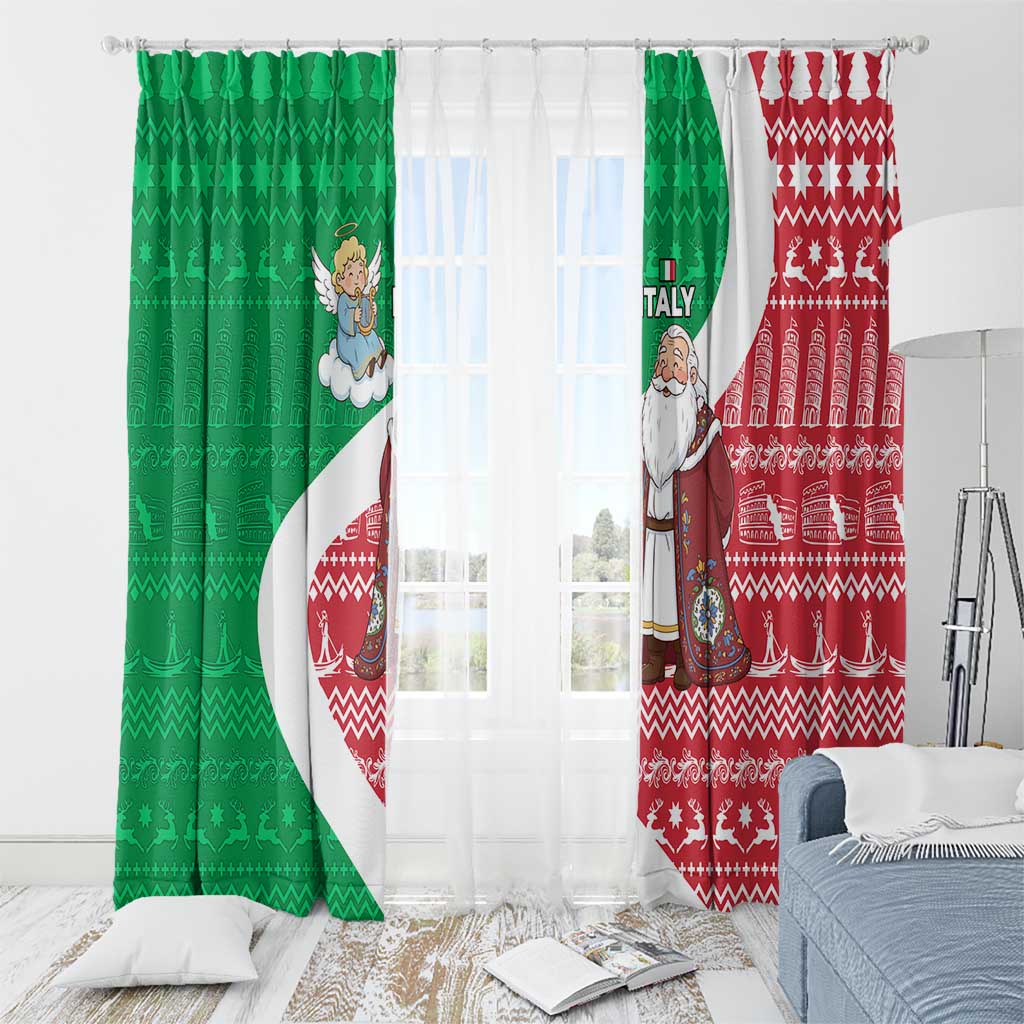 Italy Christmas Window Curtain with Pizza Chef Santa Leaning Tower Colosseum and Red Green Holiday Pattern Design - Wonder Print Shop