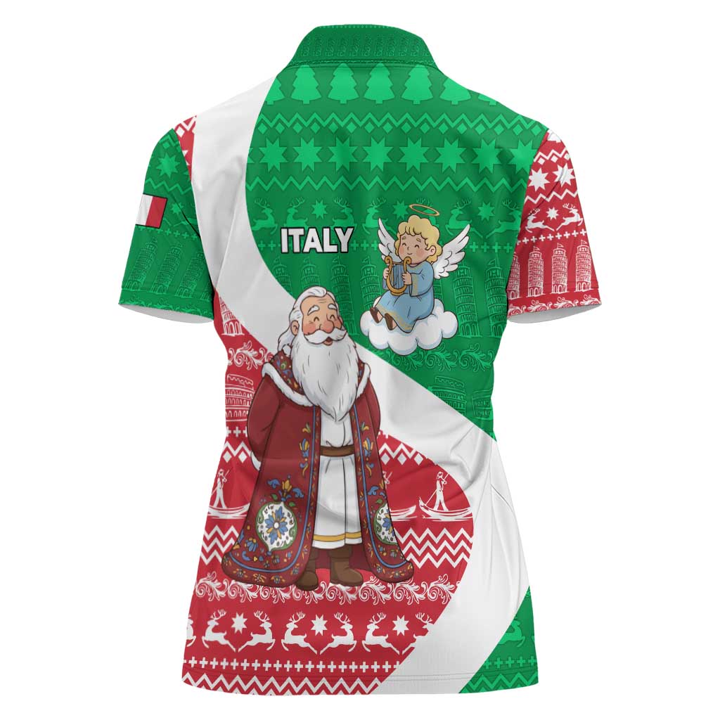 Italy Christmas Women Polo Shirt with Pizza Chef Santa Leaning Tower Colosseum and Red Green Holiday Pattern Design - Wonder Print Shop
